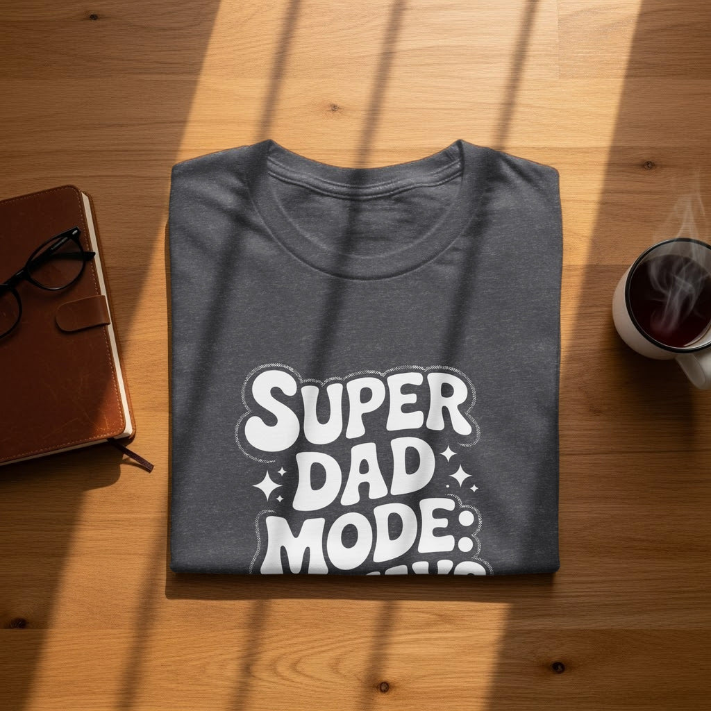 Dark grey t-shirt with "SUPER DAD MODE:" text in white bubbly font.