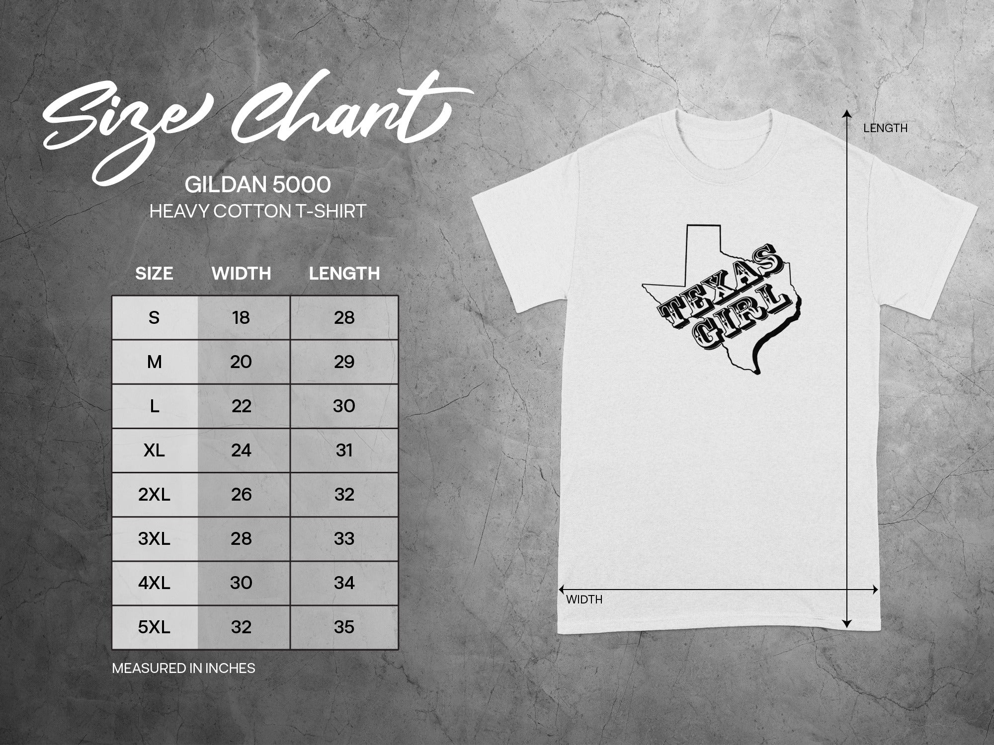 Gildan 5000 Heavy Cotton T-Shirt size chart with measurements for size, width, and length.
