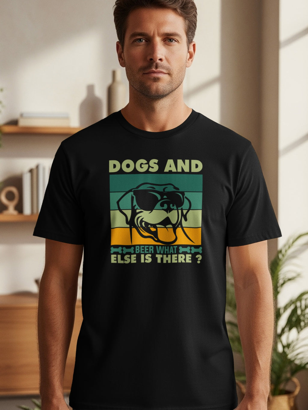 Black t-shirt with a vintage-style graphic of a dog wearing sunglasses.