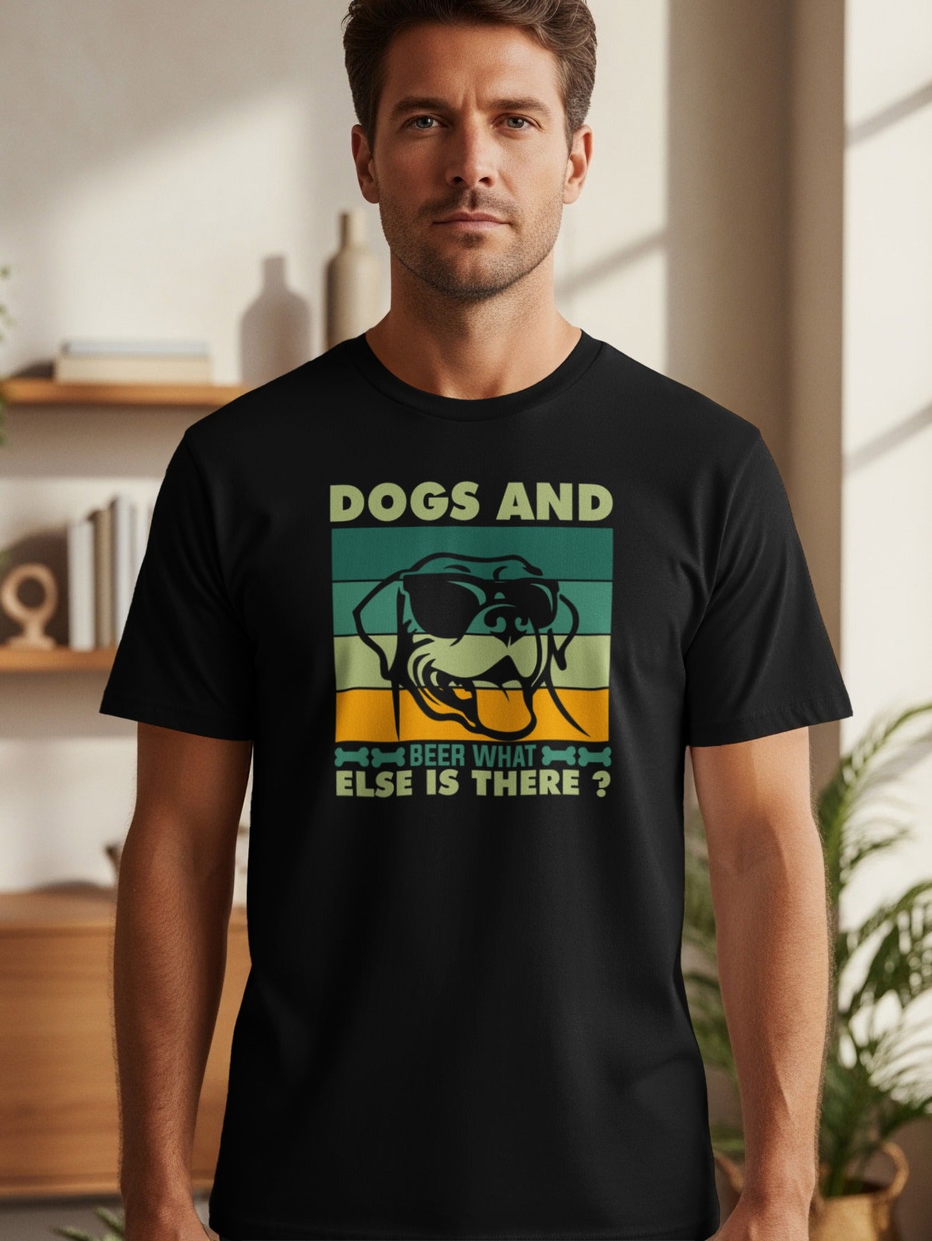 Black t-shirt with a vintage-style graphic of a dog wearing sunglasses.