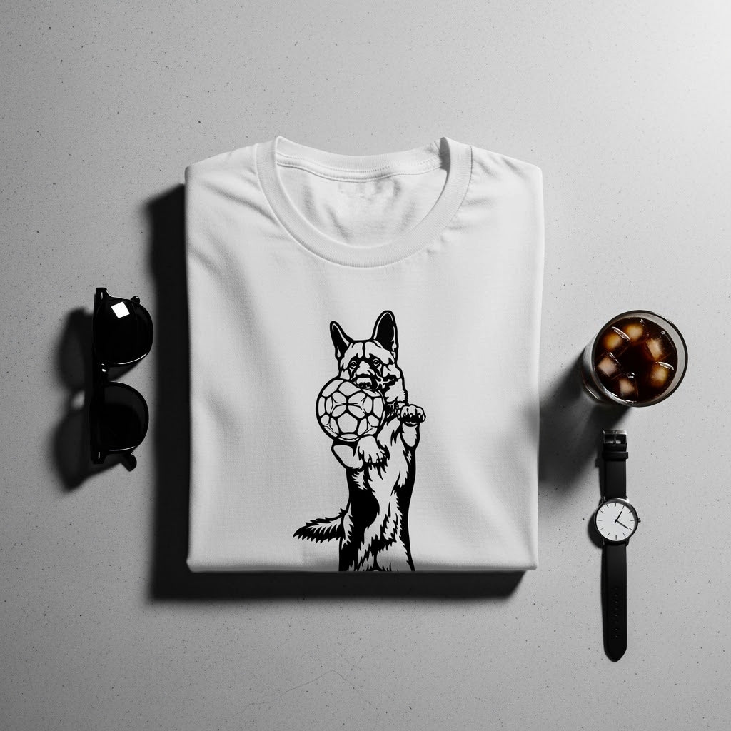White t-shirt with black outline graphic of a dog holding a soccer ball.