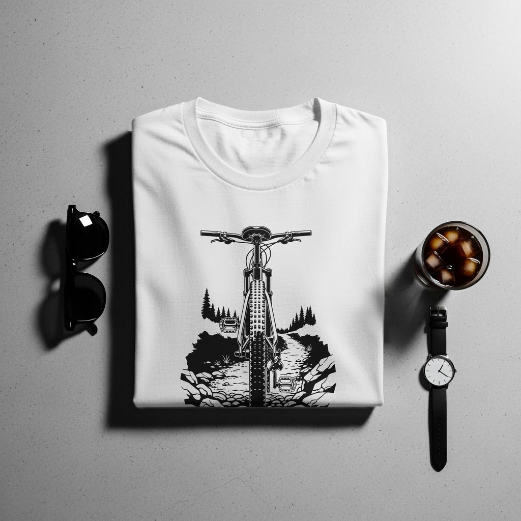 White t-shirt with a black graphic of a mountain bike on a trail.