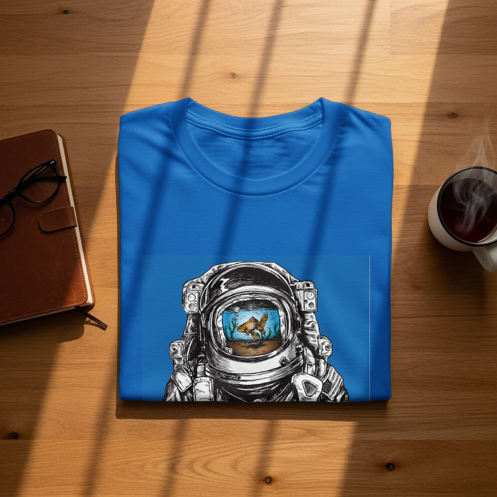 Blue t-shirt with astronaut helmet graphic containing a goldfish in a water-filled bubble.