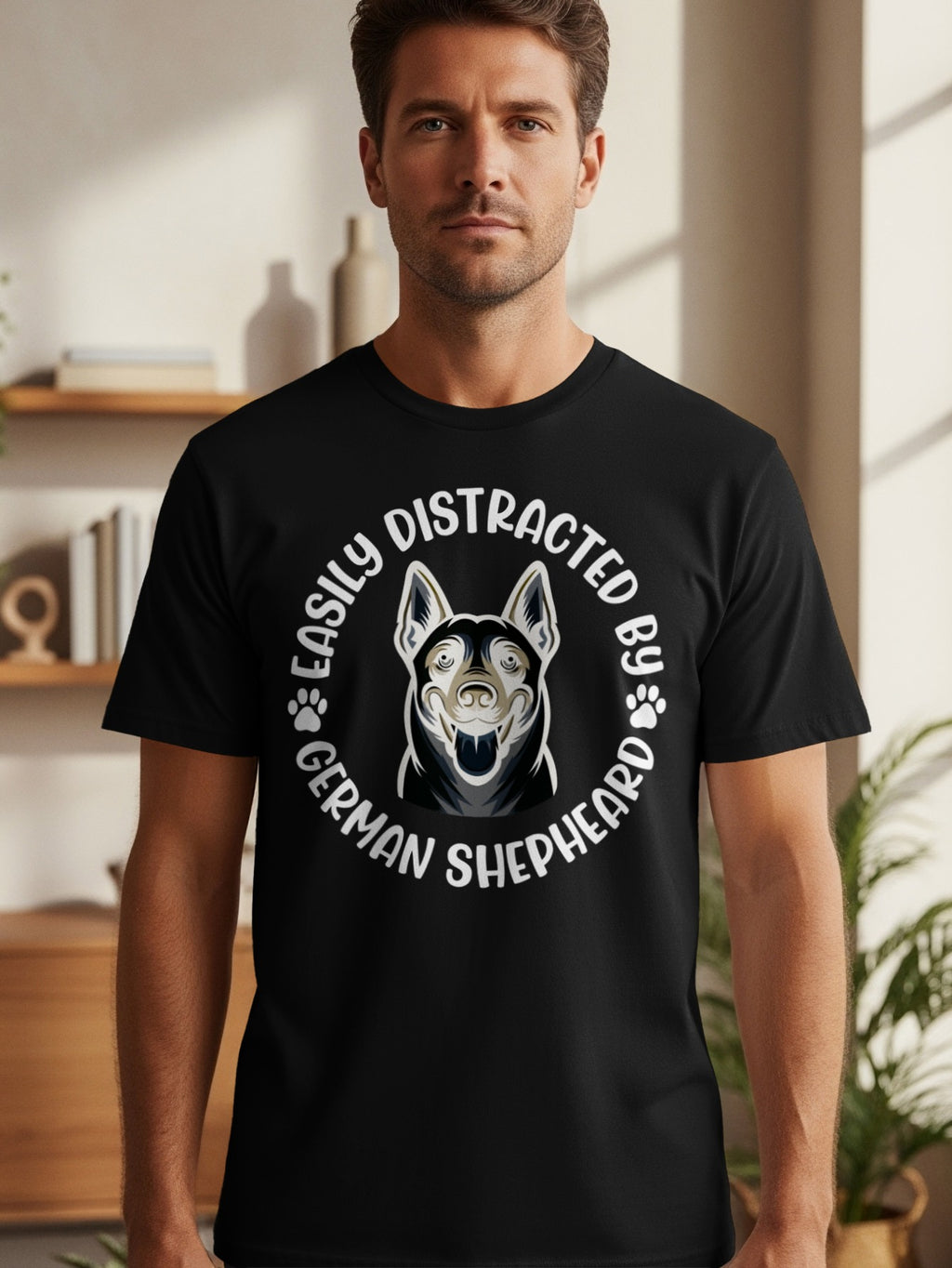Black t-shirt featuring a German Shepherd head graphic with text "Easily Distracted By German Shepherd".