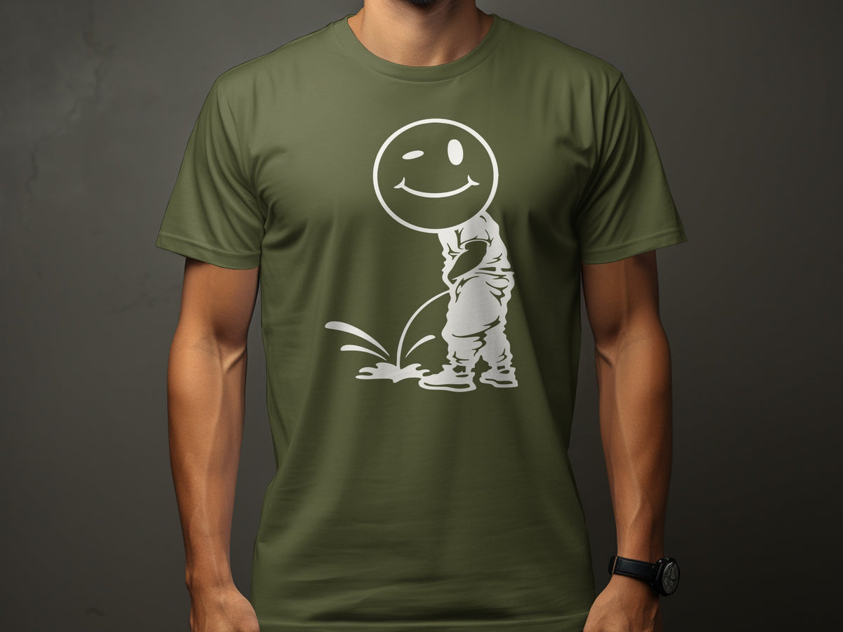 Green t-shirt with white graphic of a winking smiley face and a person urinating.