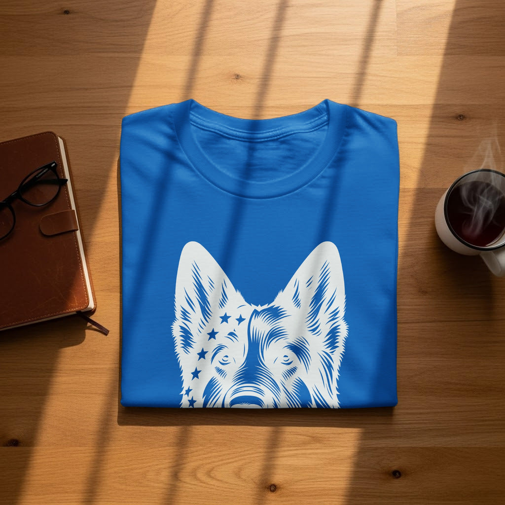 Blue t-shirt with white dog graphic and stars on a wooden surface