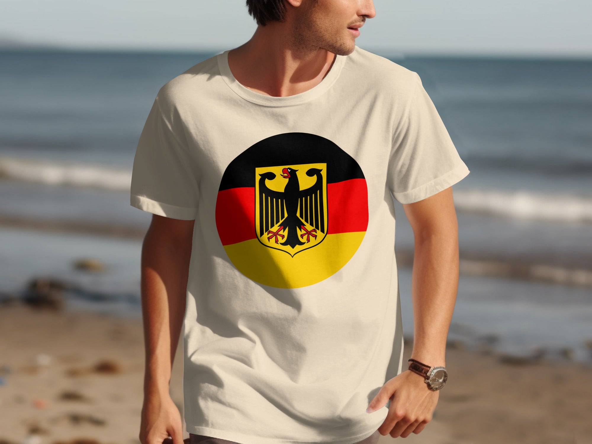 Cream t-shirt with a circular German flag and eagle emblem.