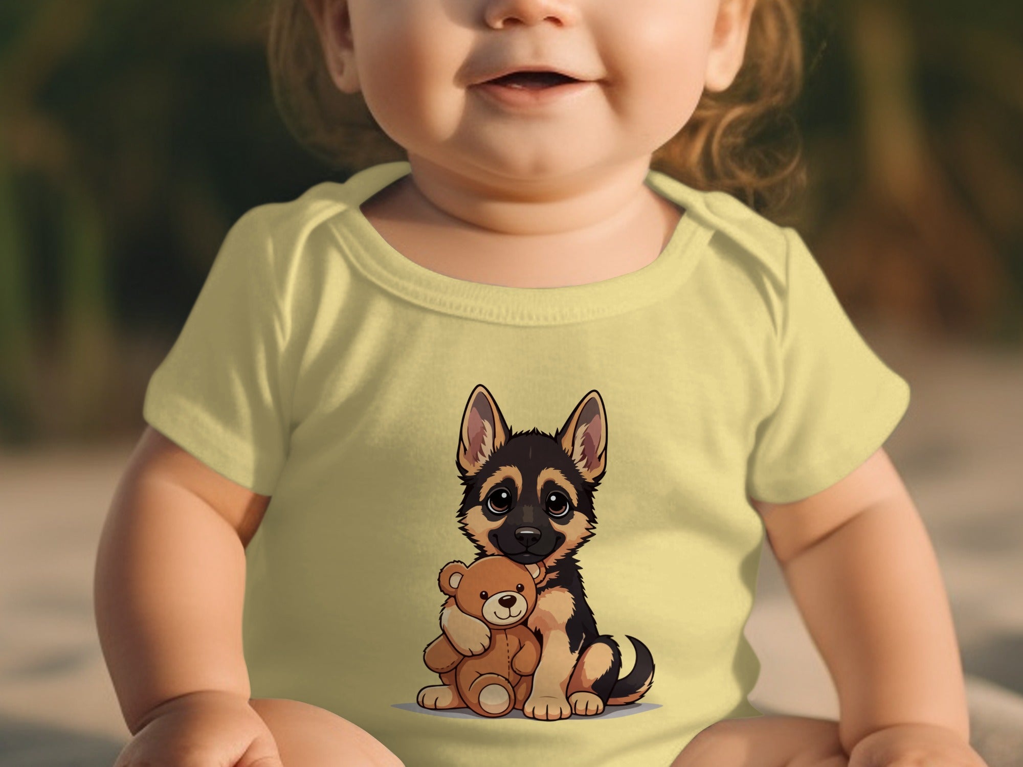 Yellow baby onesie with a cartoon German Shepherd puppy holding a teddy bear.