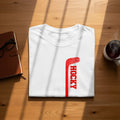 White t-shirt with red "HOCKY" text and hockey stick graphic.