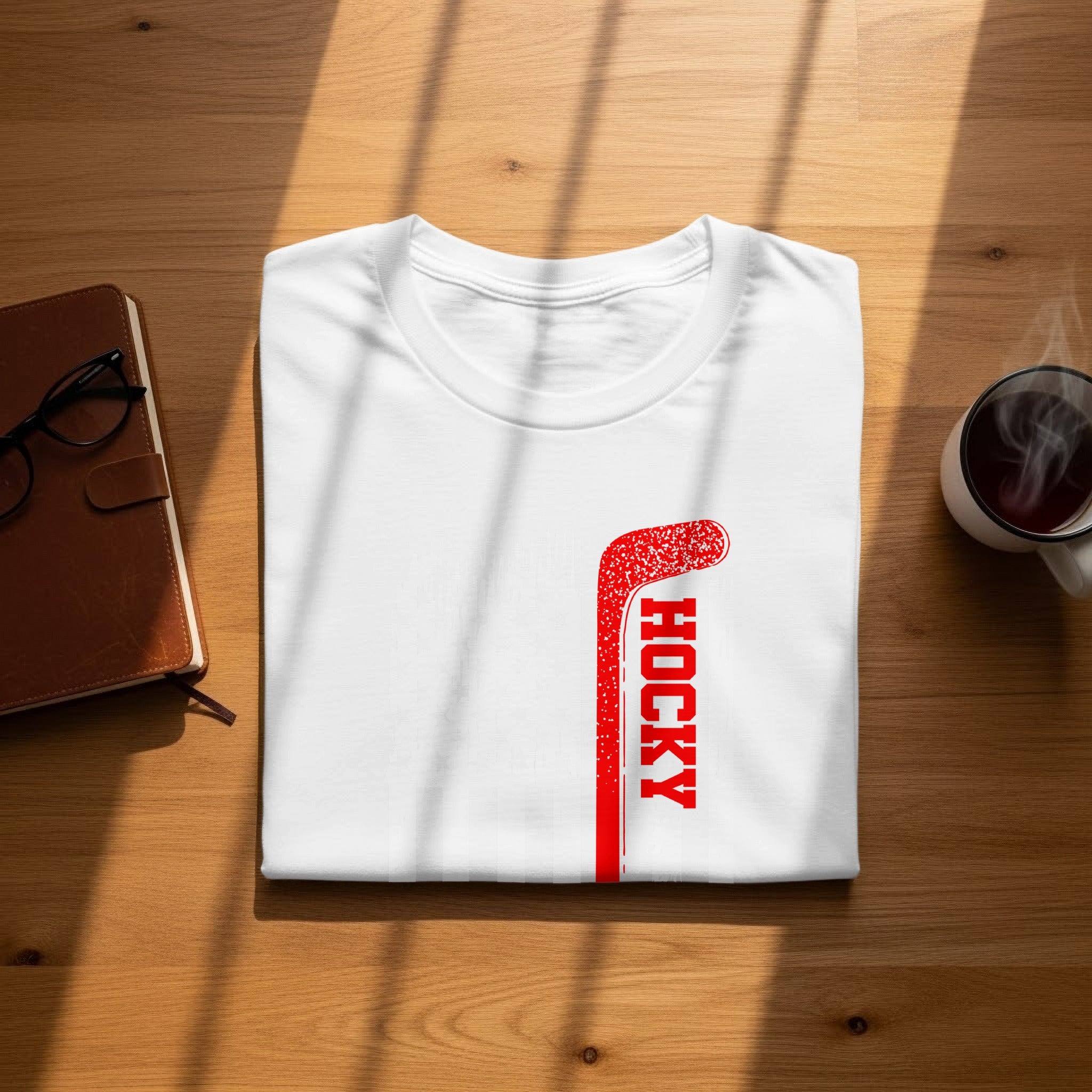 White t-shirt with red "HOCKY" text and hockey stick graphic.