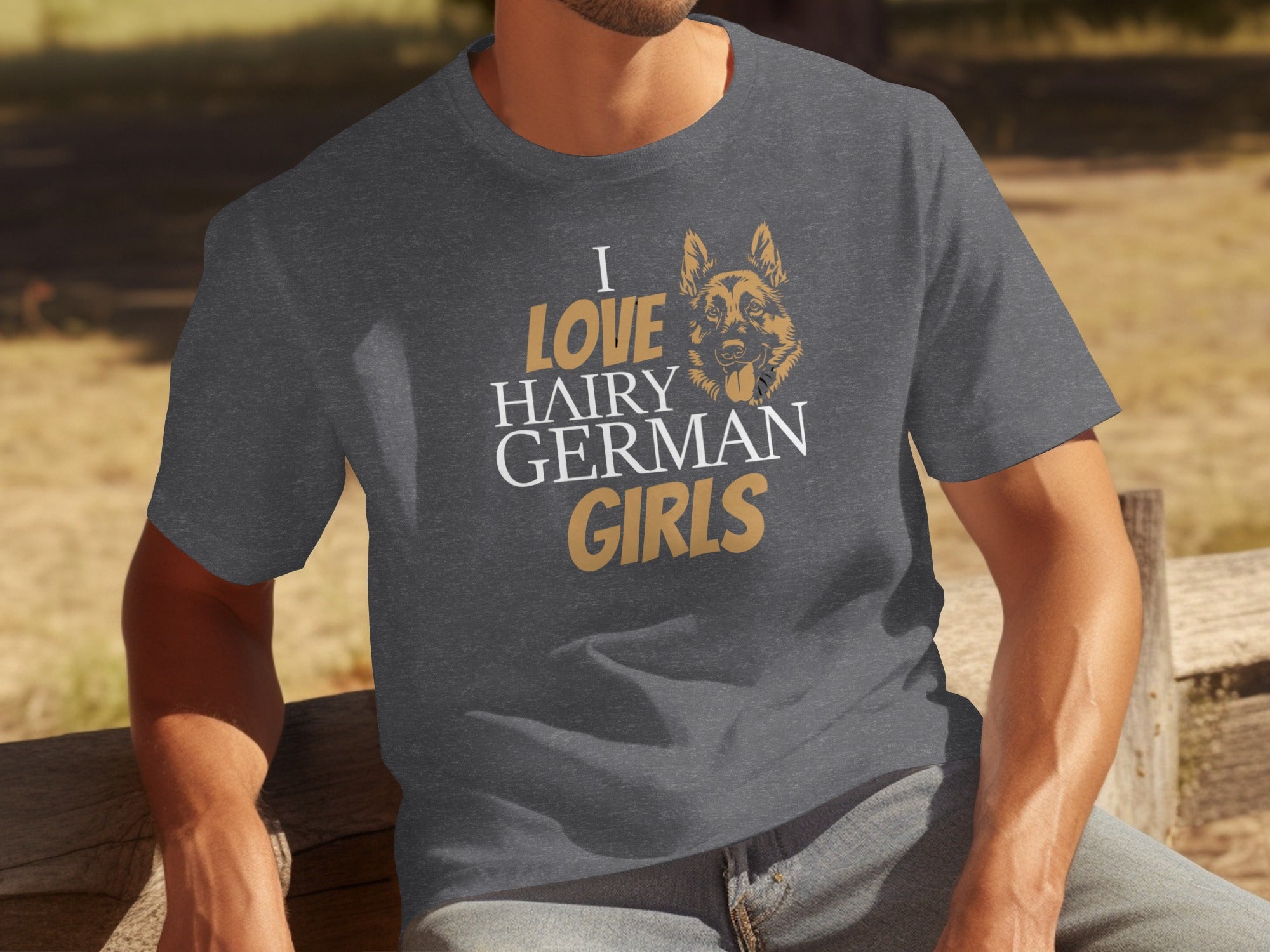 Dark grey t-shirt with "I Love Hairy German Girls" and dog graphic