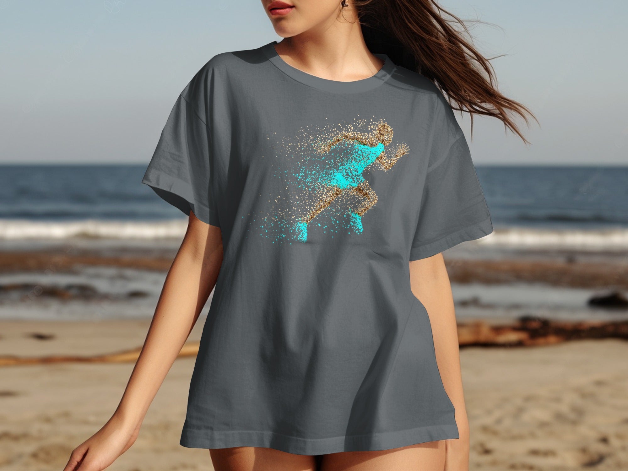Dark gray t-shirt with a gold and aqua abstract runner graphic.