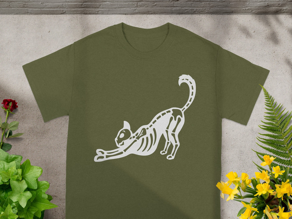 Olive green t-shirt with white skeleton cat graphic stretching