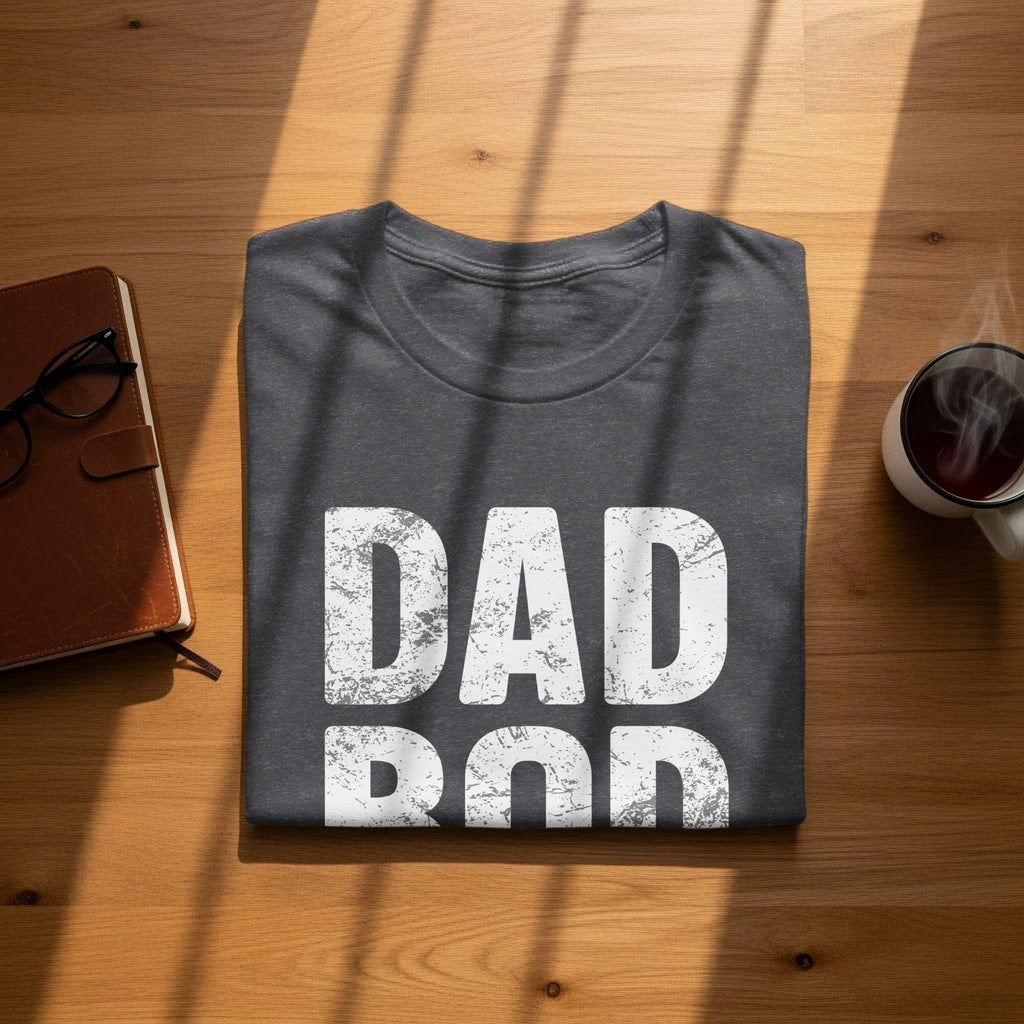 Dark gray t-shirt with distressed white text "DAD" over "ROD".