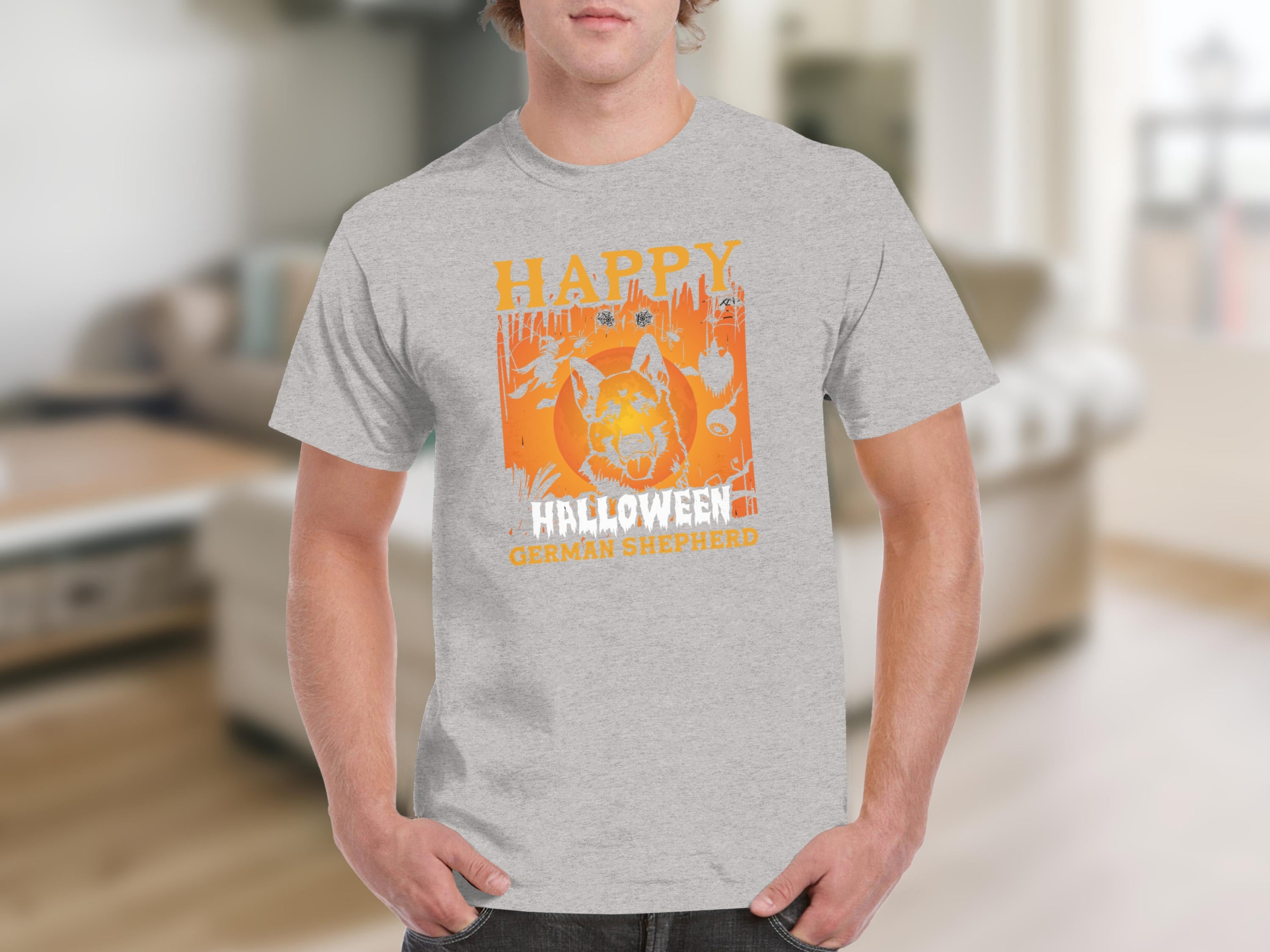 German Shepherd Halloween graphic on a grey t-shirt.