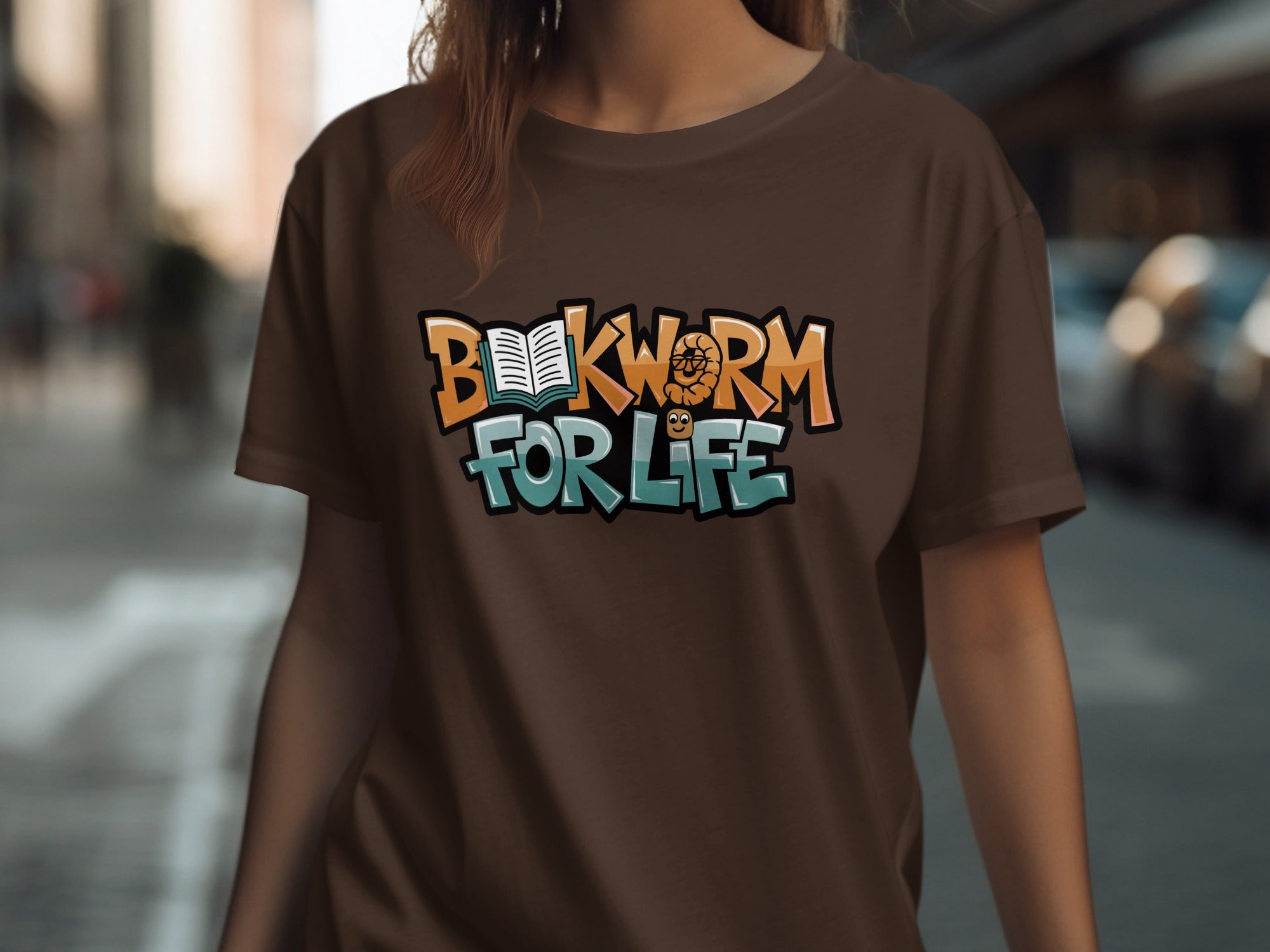 Brown t-shirt with "Bookworm For Life" text and graphic.