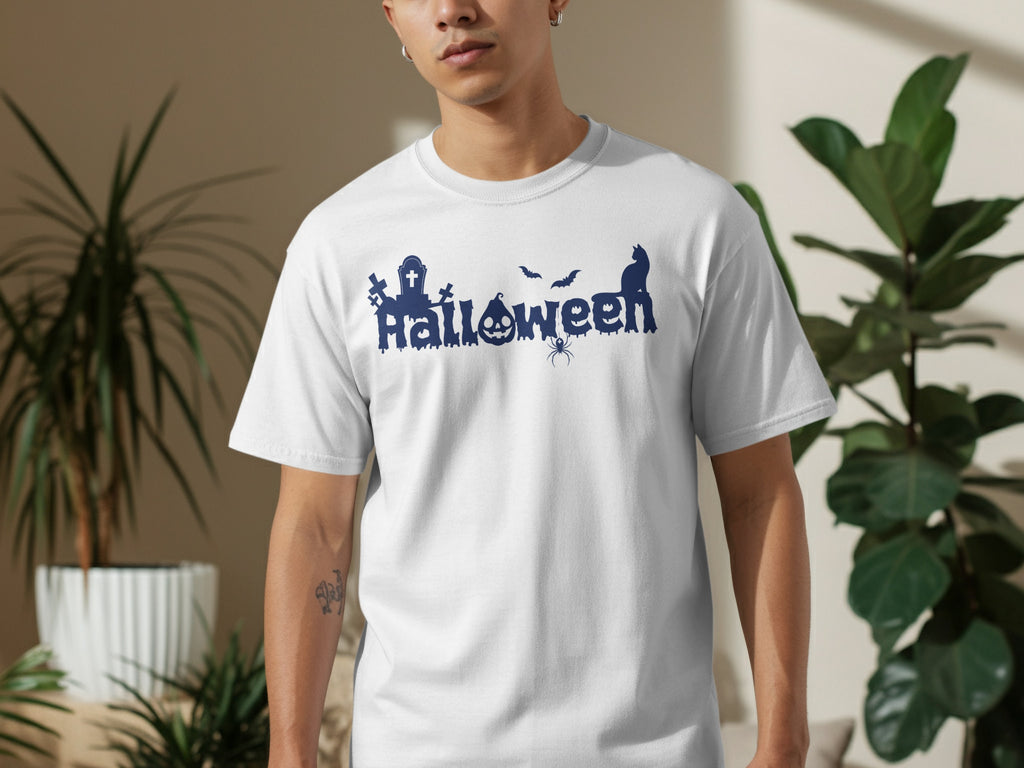White t-shirt with a navy blue Halloween graphic featuring bats, a cat, and a spider.