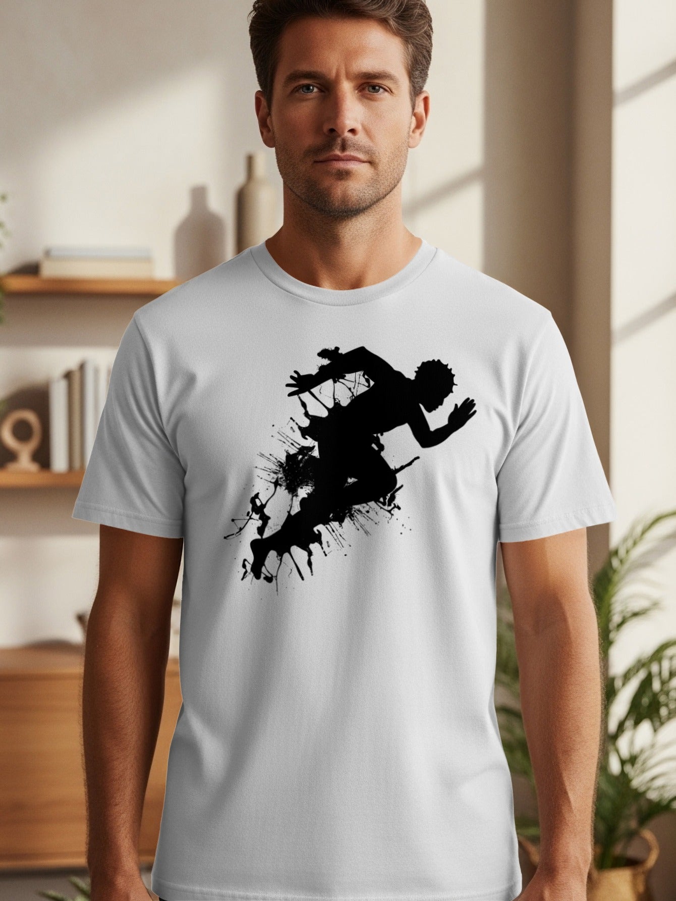 White t-shirt with a black ink-splatter silhouette of a runner.