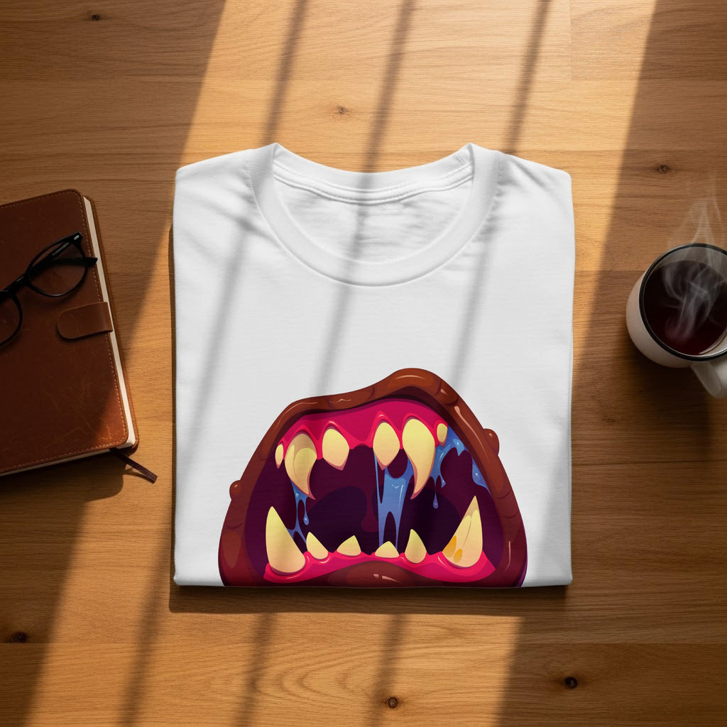 White t-shirt with a cartoon monster mouth graphic featuring sharp teeth and blue drool.
