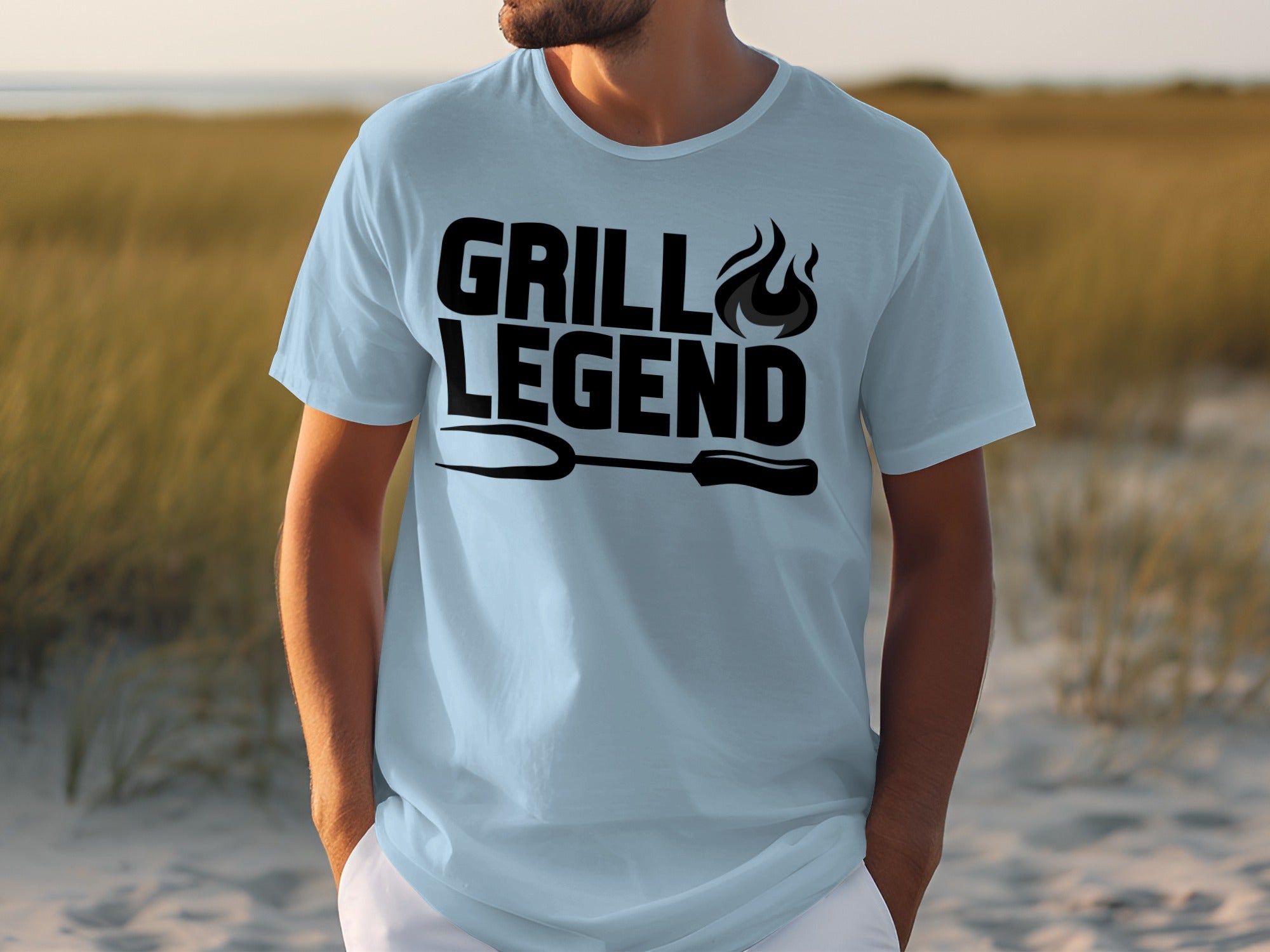 Light blue t-shirt with "GRILL LEGEND" text and barbecue fork graphic.