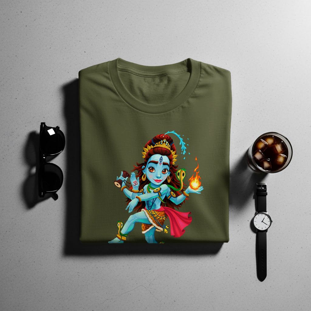 Olive green t-shirt with a cartoon depiction of the Hindu deity Shiva.