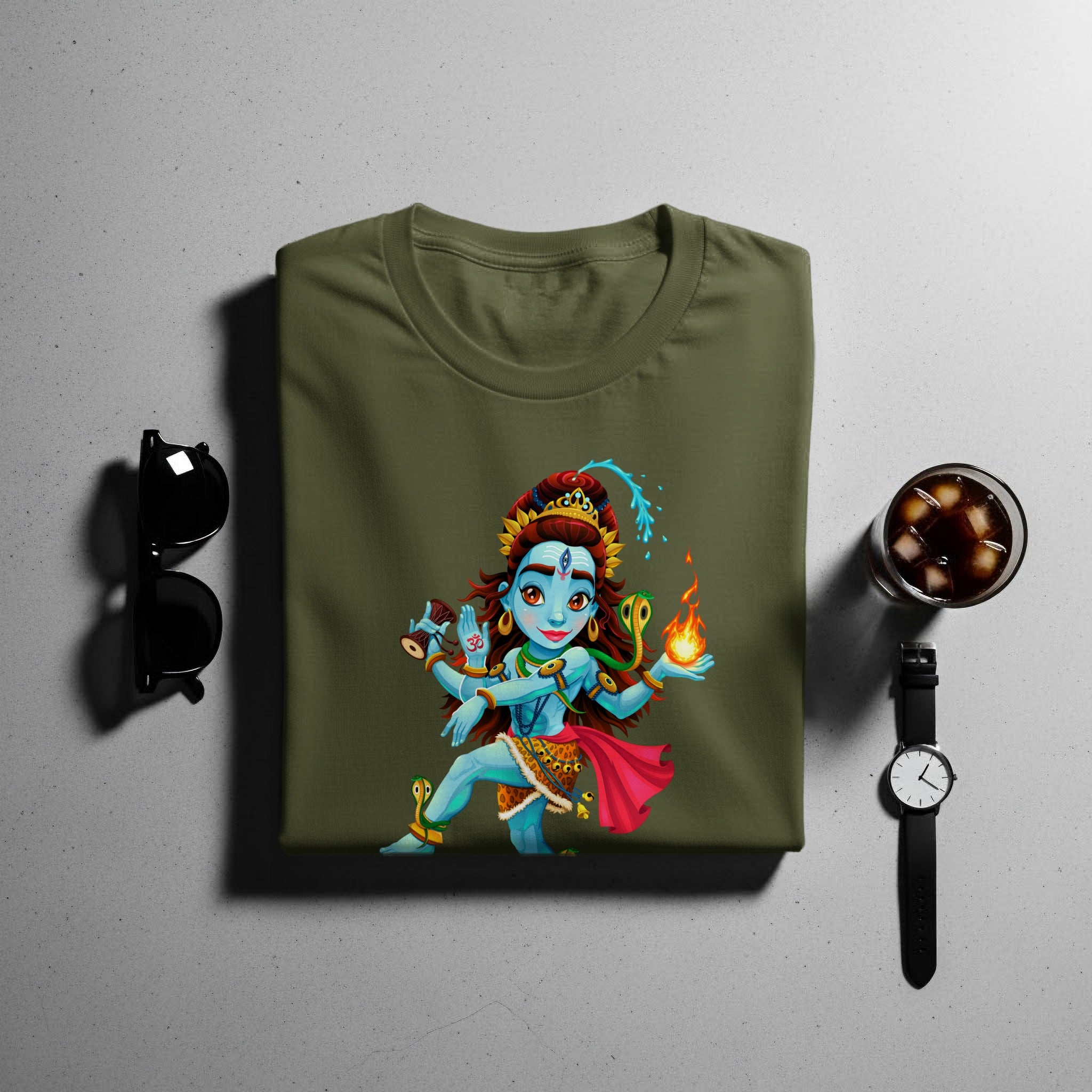 Olive green t-shirt with a cartoon depiction of the Hindu deity Shiva.