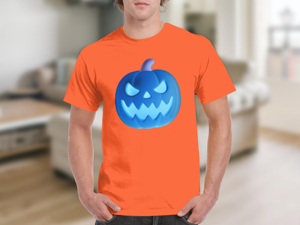 Orange t-shirt with a glowing blue jack-o'-lantern graphic.