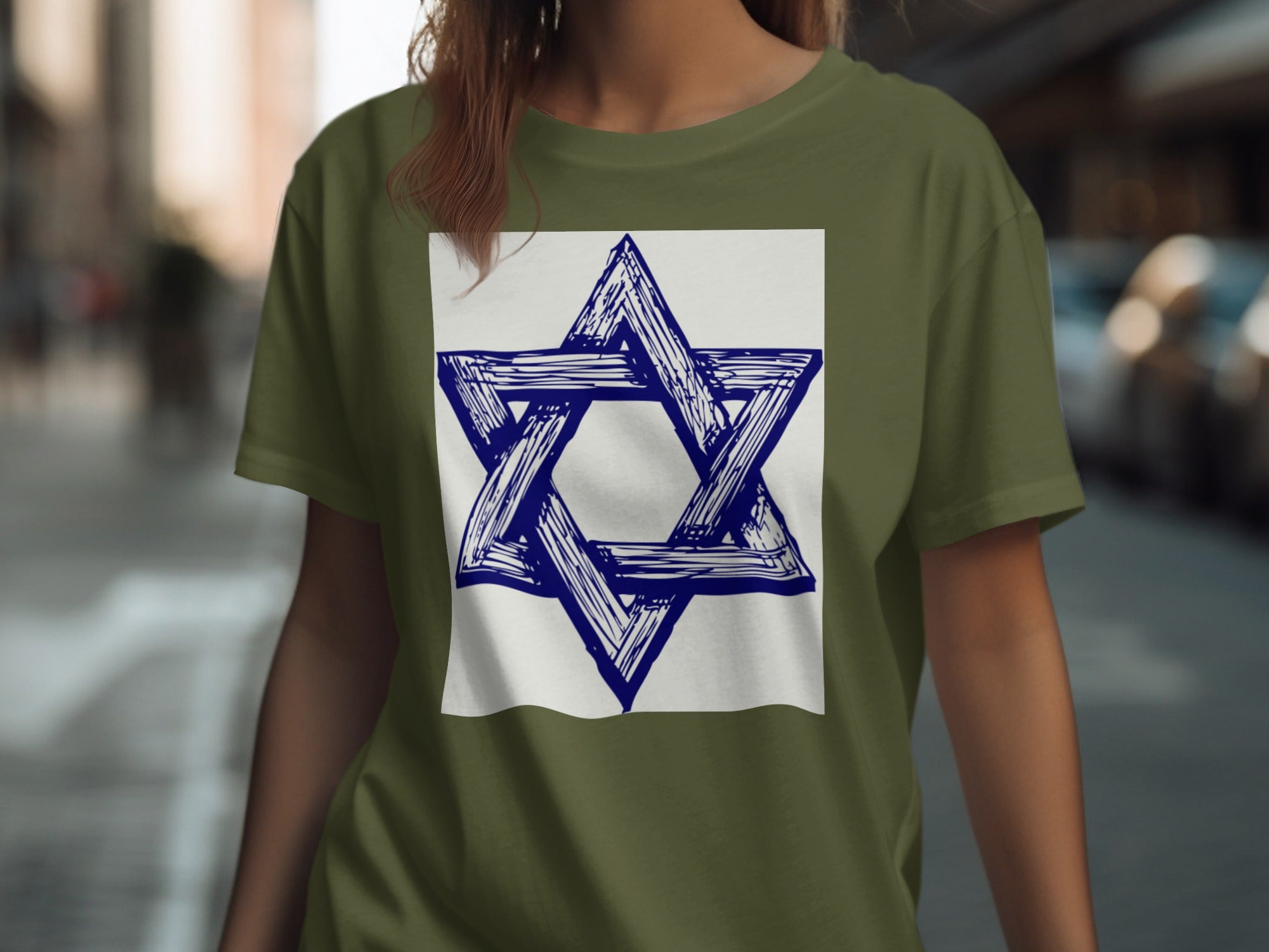 Olive green t-shirt with a blue hand-drawn Star of David design on a white square.