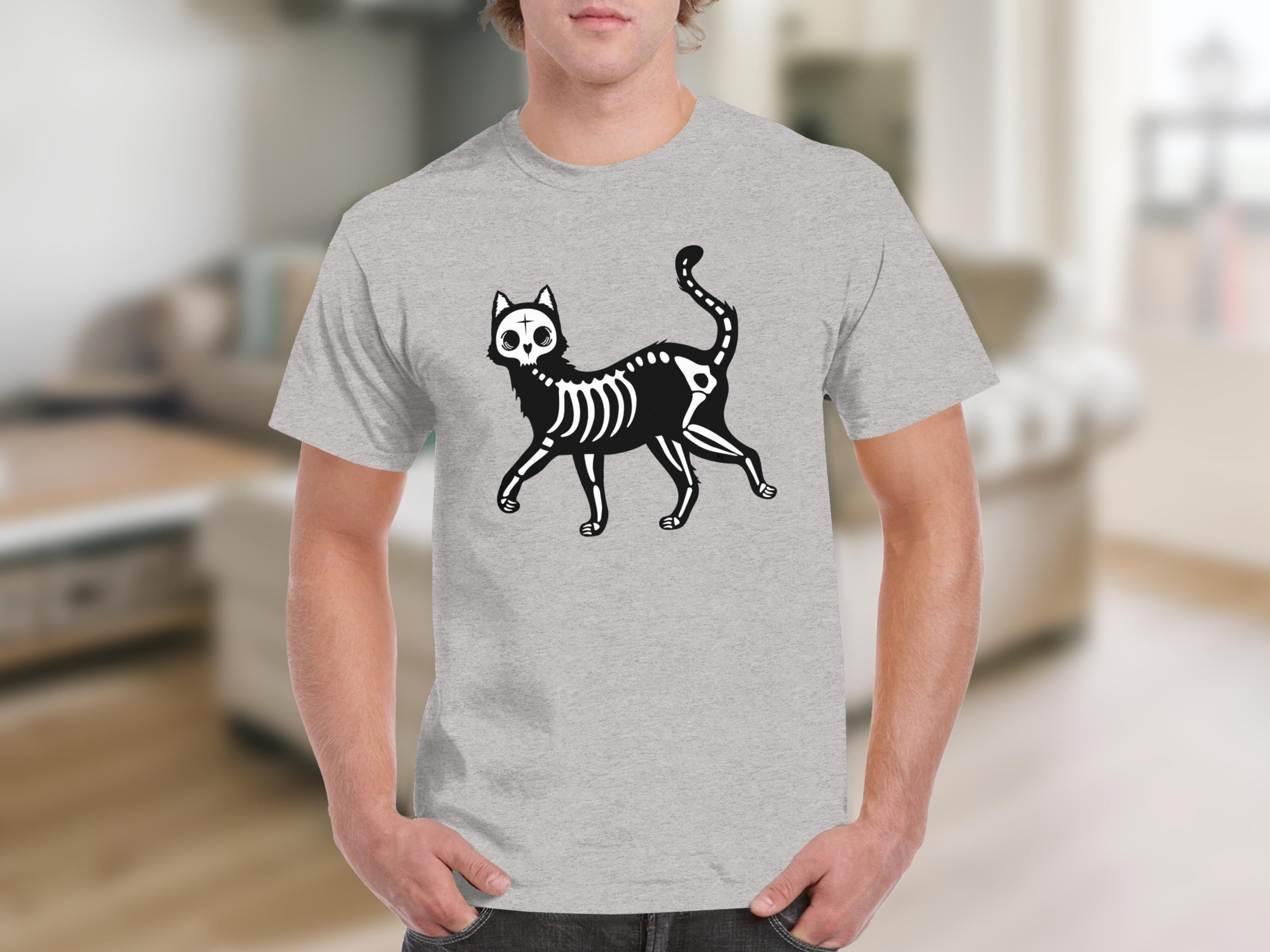 Gray t-shirt with a black skeleton cat graphic on the front.