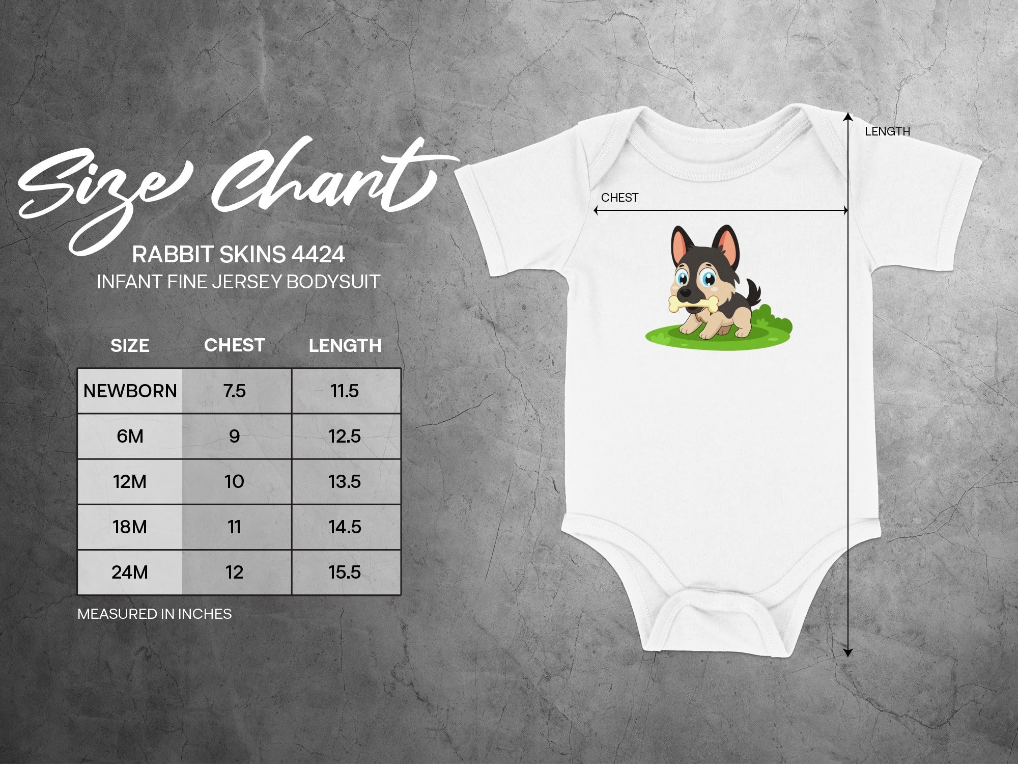 Rabbit Skins 4424 infant bodysuit size chart with chest and length measurements shown.