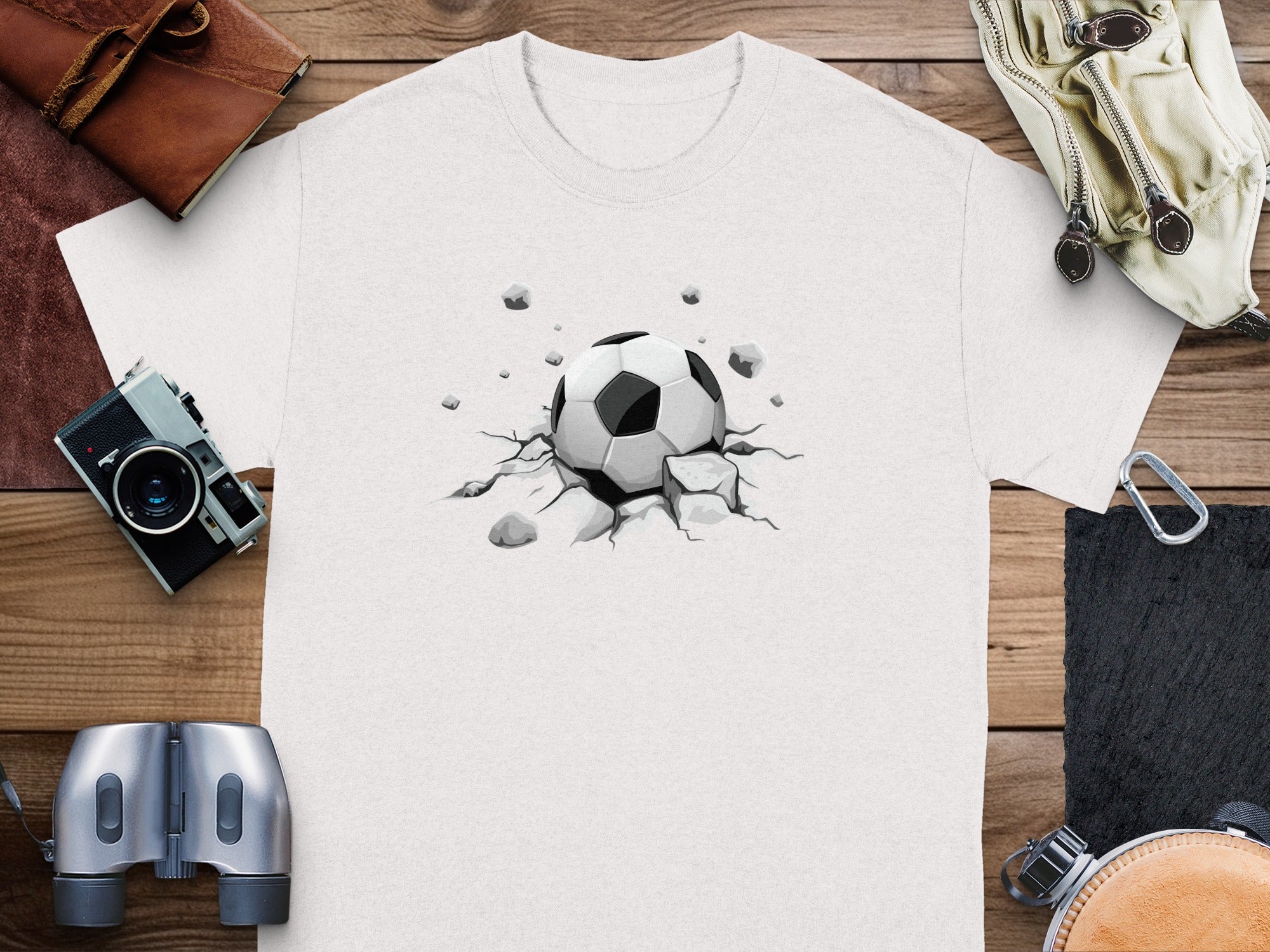White t-shirt with graphic of a soccer ball breaking through the ground.