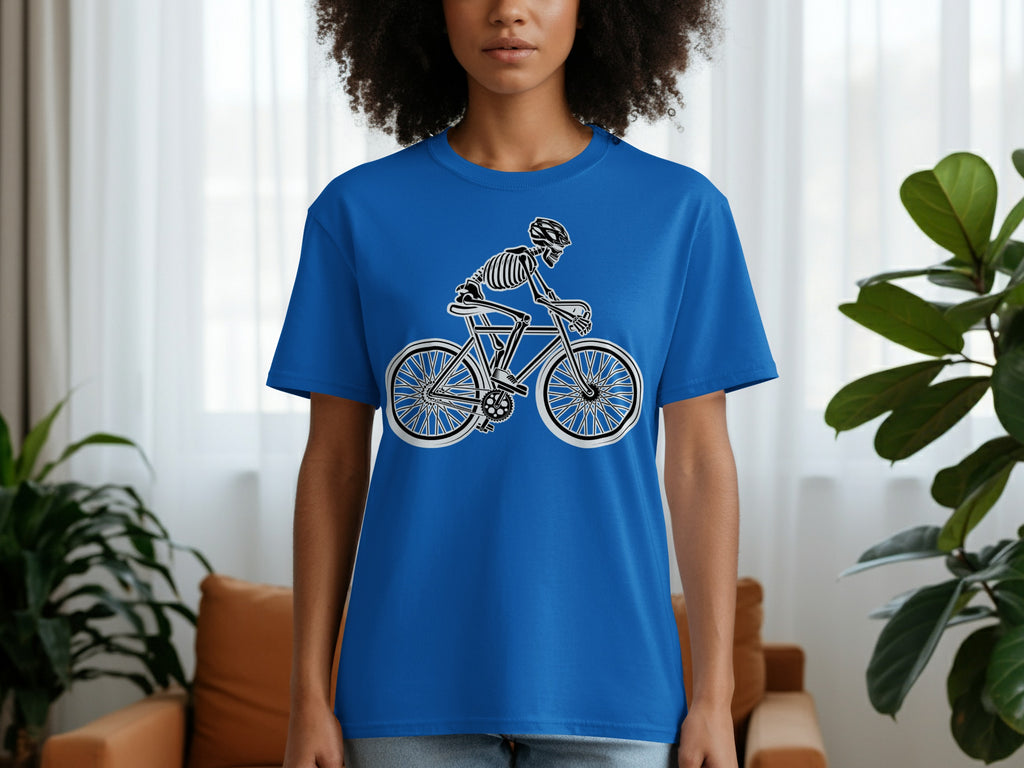 Blue t-shirt with black skeleton riding a bicycle graphic.
