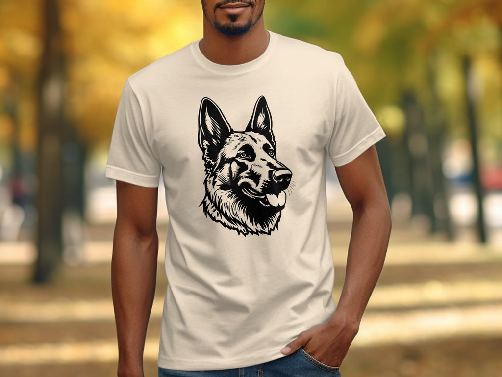 Cream t-shirt with black German Shepherd head graphic printing.