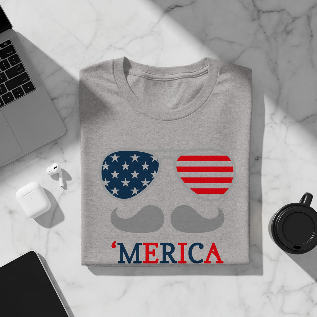 Grey t-shirt with sunglasses, mustache, and "MERICA" text design.
