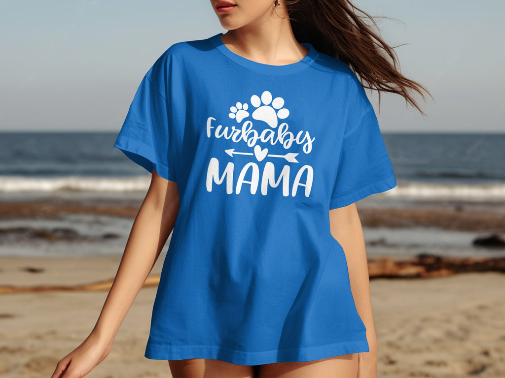 Blue t-shirt with white text "Furbaby MAMA" and paw prints.