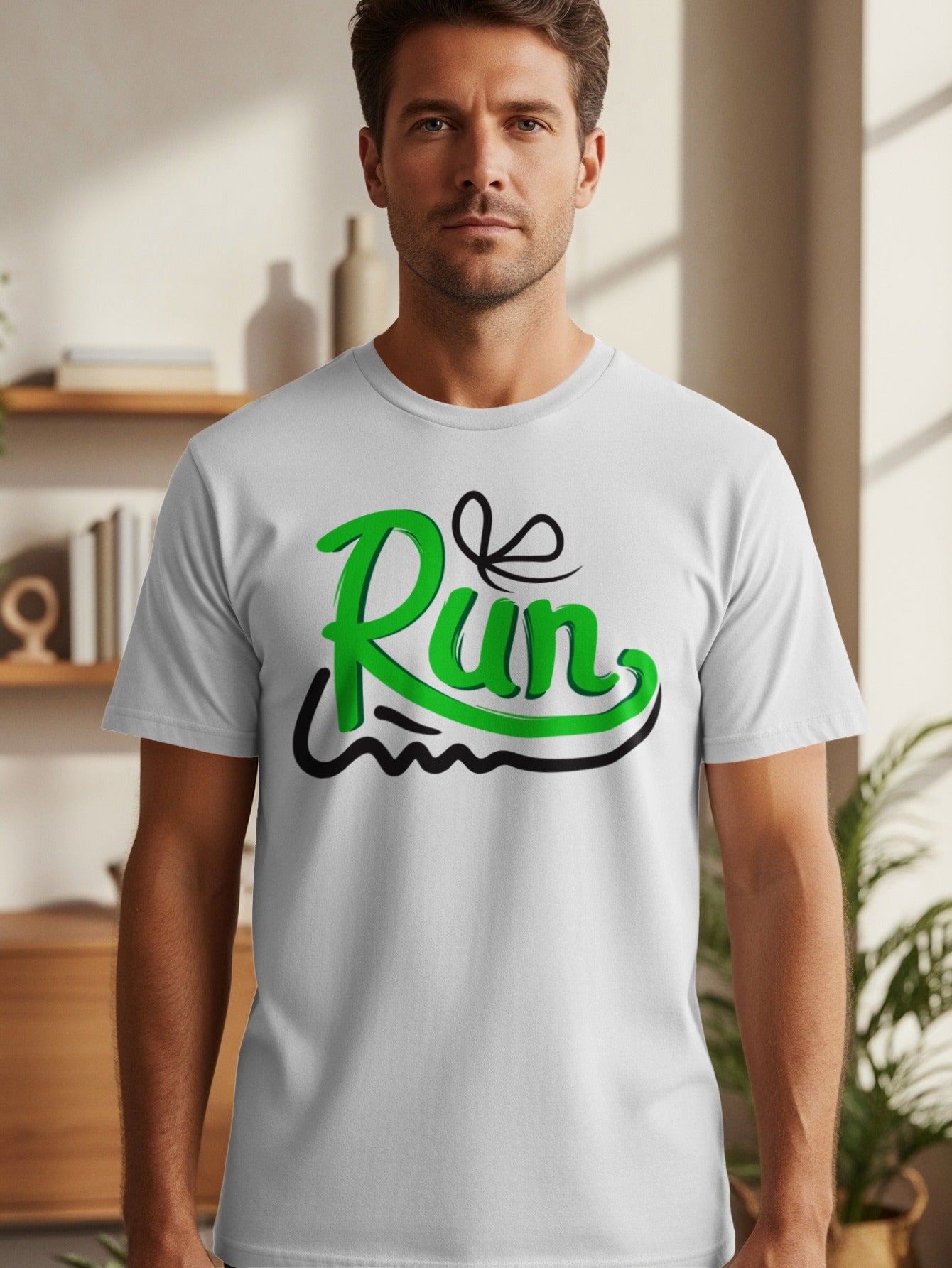 White t-shirt with green "Run" text and black wavy lines underneath.