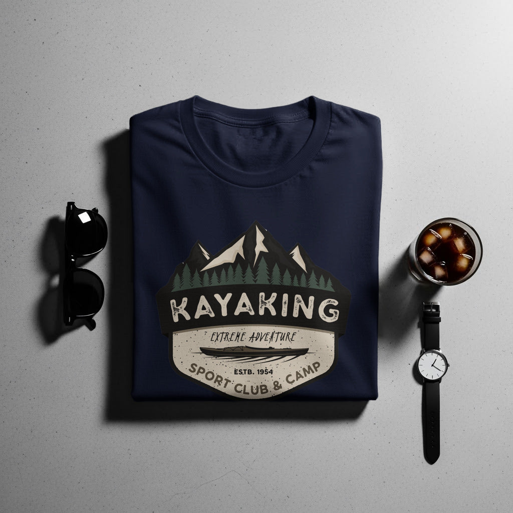 Navy t-shirt with "Kayaking Extreme Adventure Sport Club & Camp" design.