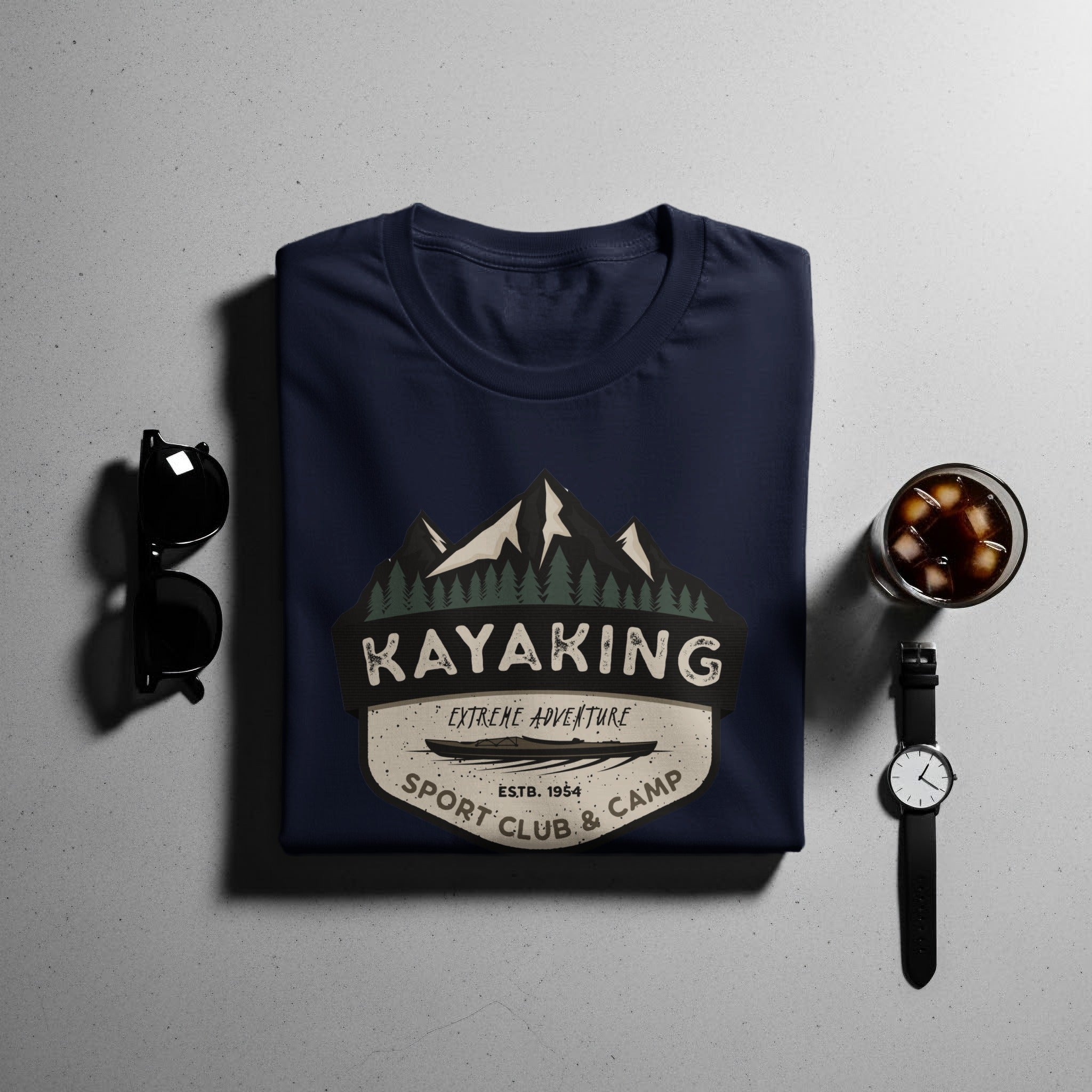 Navy t-shirt with "Kayaking Extreme Adventure Sport Club & Camp" design.