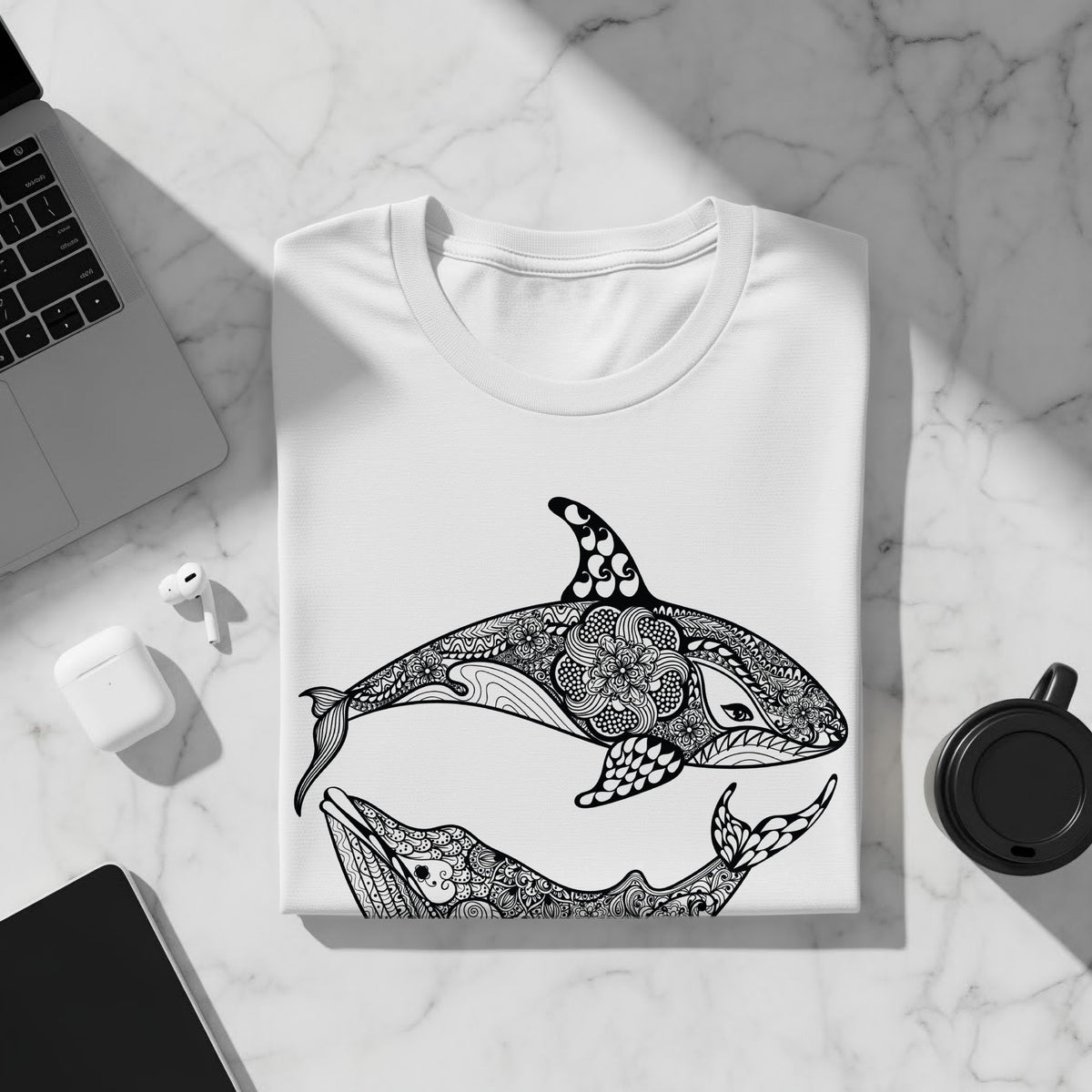 White t-shirt with black orca and whale mandala design.