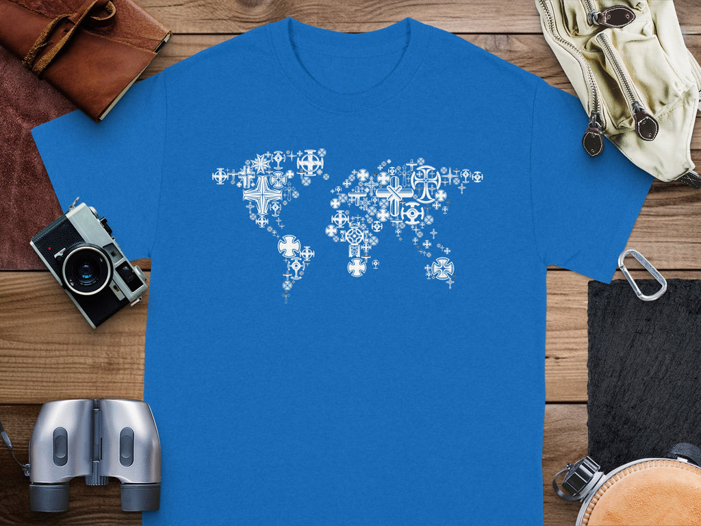 Blue t-shirt with a white world map design made of crosses.