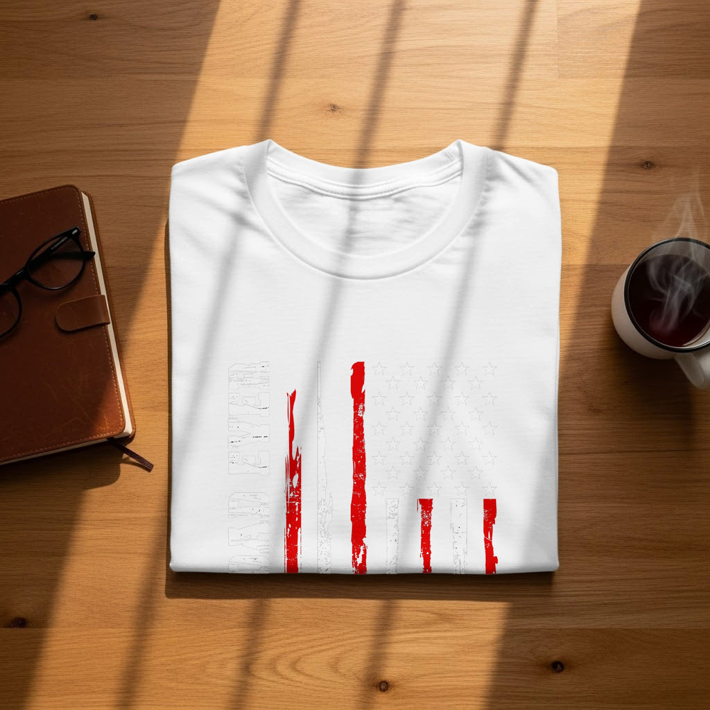 White t-shirt with distressed American flag design and text.