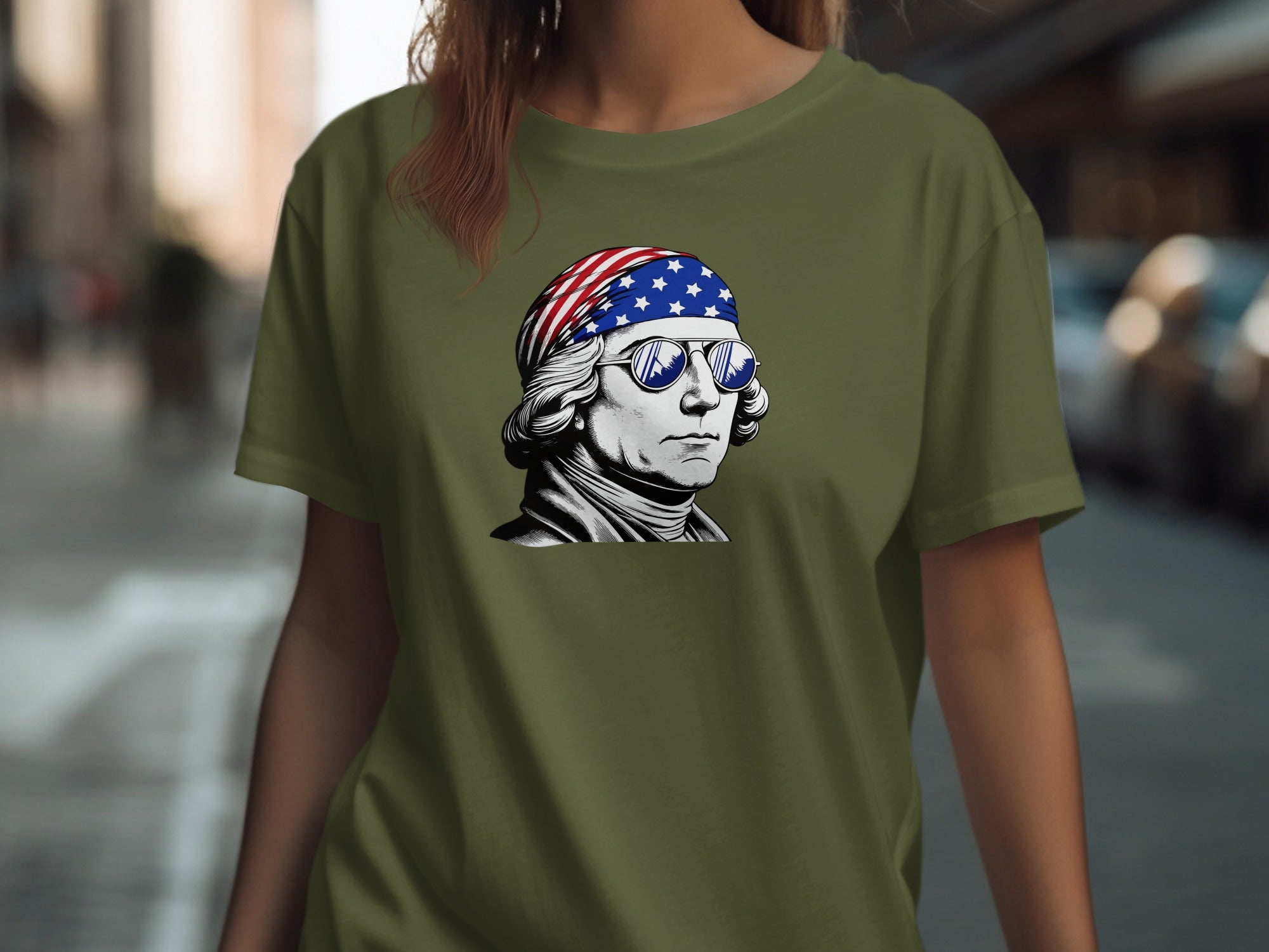 T-shirt graphic of George Washington with American flag bandana and sunglasses.