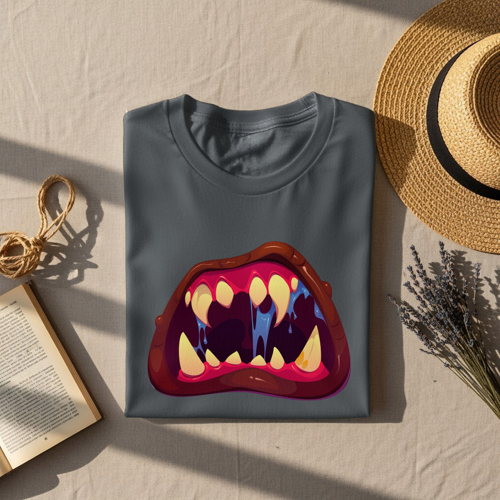 T-shirt with a cartoon illustration of a monstrous open mouth with sharp teeth.