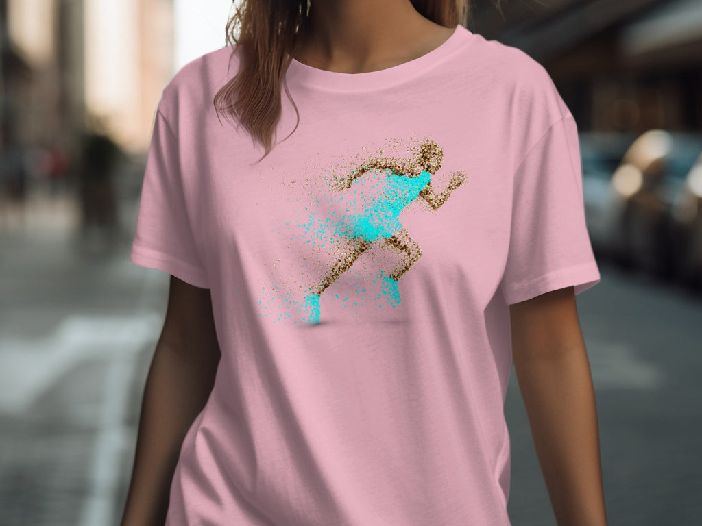 Pink t-shirt with a dissolving runner graphic in gold and teal.