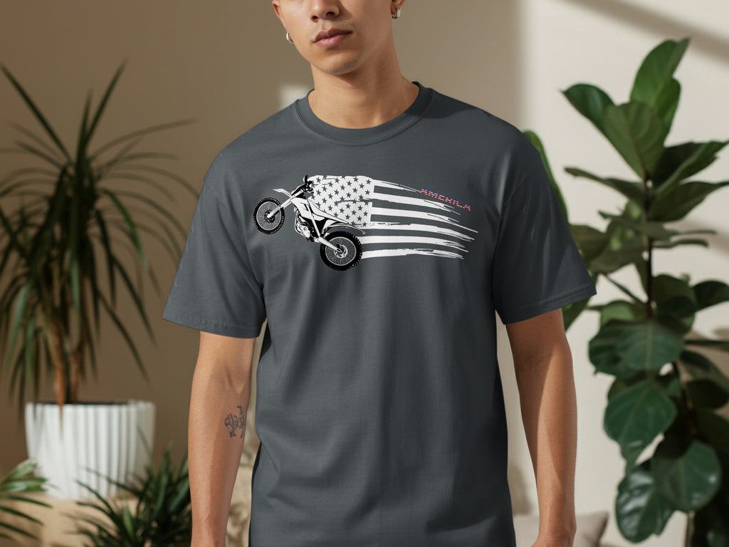 Dark grey t-shirt with a dirt bike on an American flag graphic and "AMERICA" text.