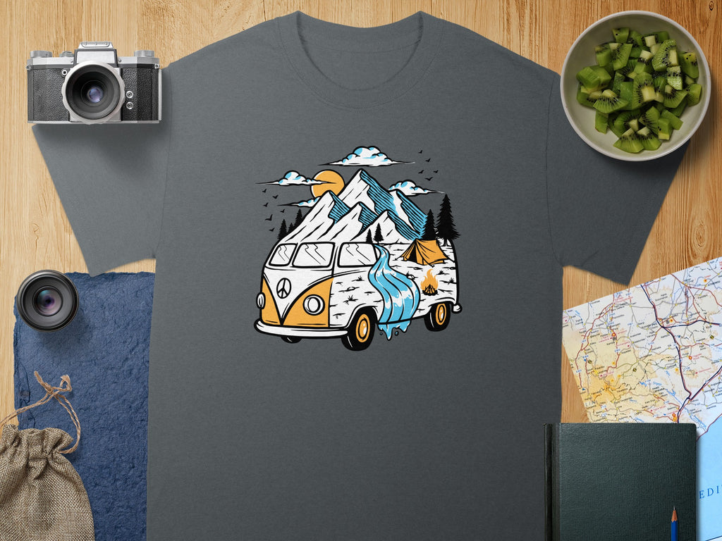 Gray t-shirt featuring a vintage camper van with a mountain landscape and camping scene.