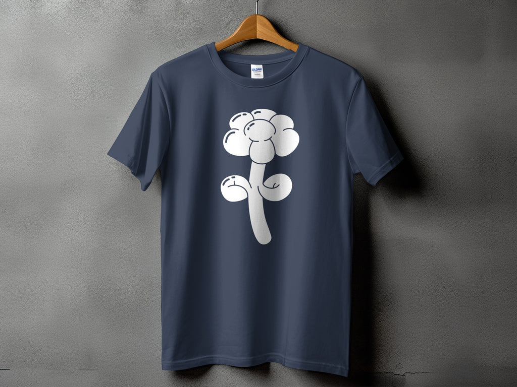 Dark blue t-shirt with a white cartoon flower graphic design.