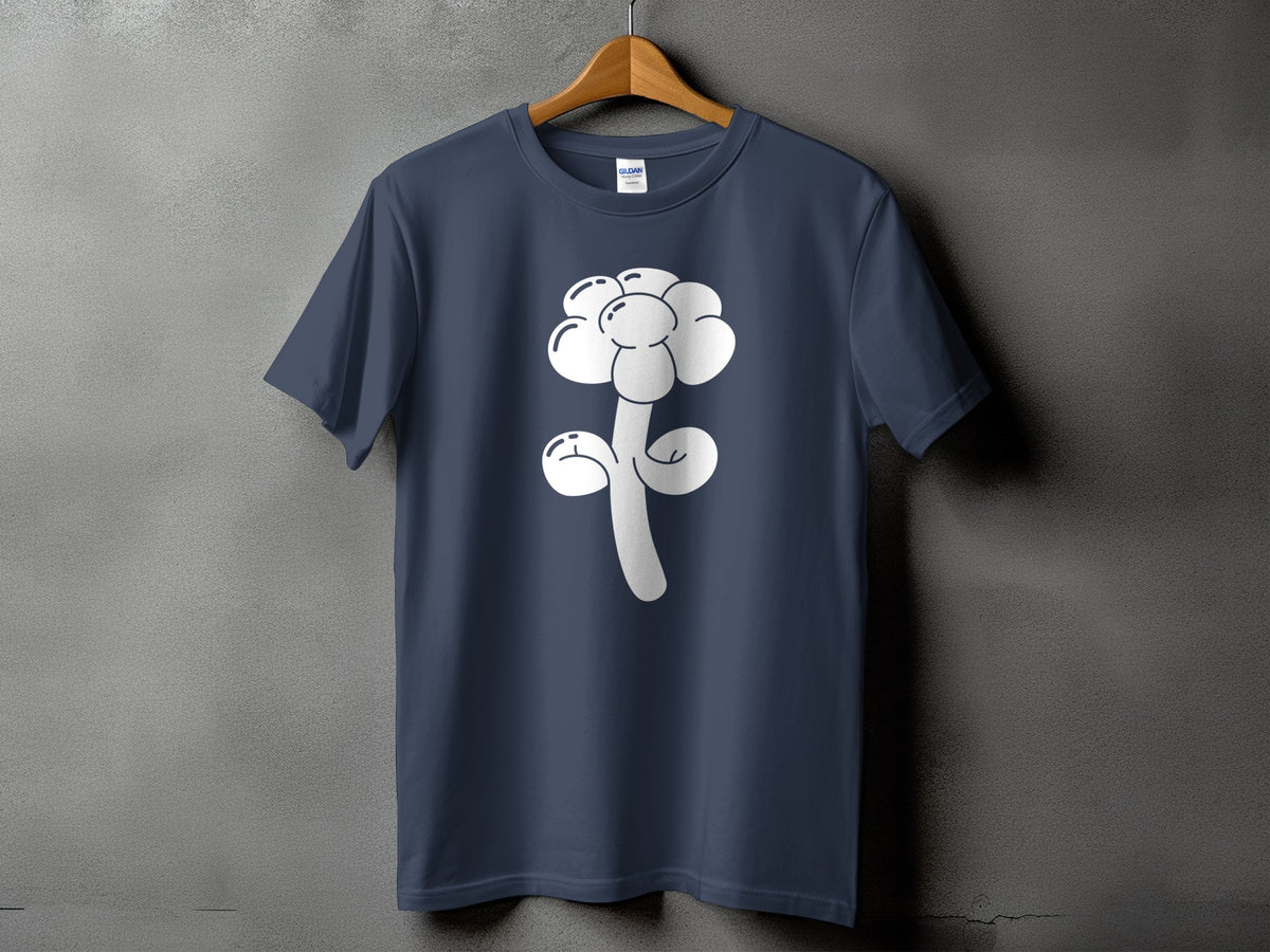 Dark blue t-shirt with a white cartoon flower graphic design.