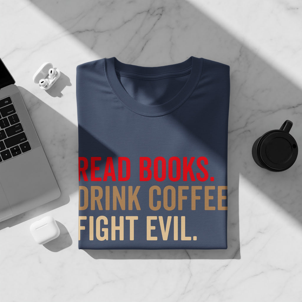 Navy t-shirt with red and tan text reading "READ BOOKS. DRINK COFFEE. FIGHT EVIL."