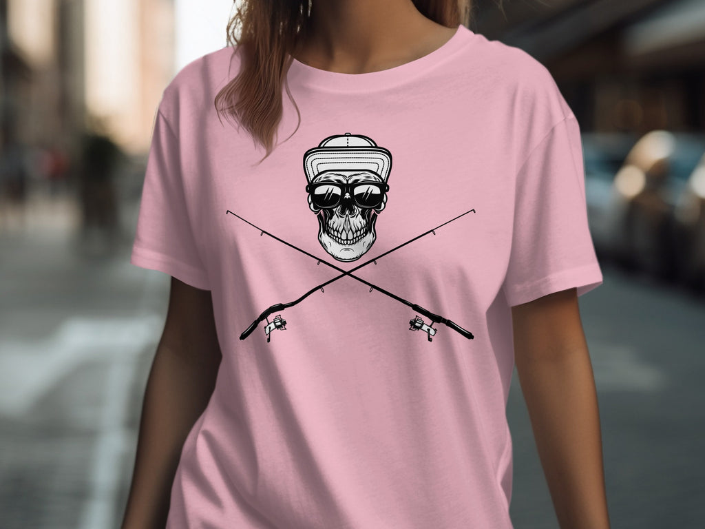 Pink t-shirt with crossed fishing rods and a skull wearing sunglasses and a hat.
